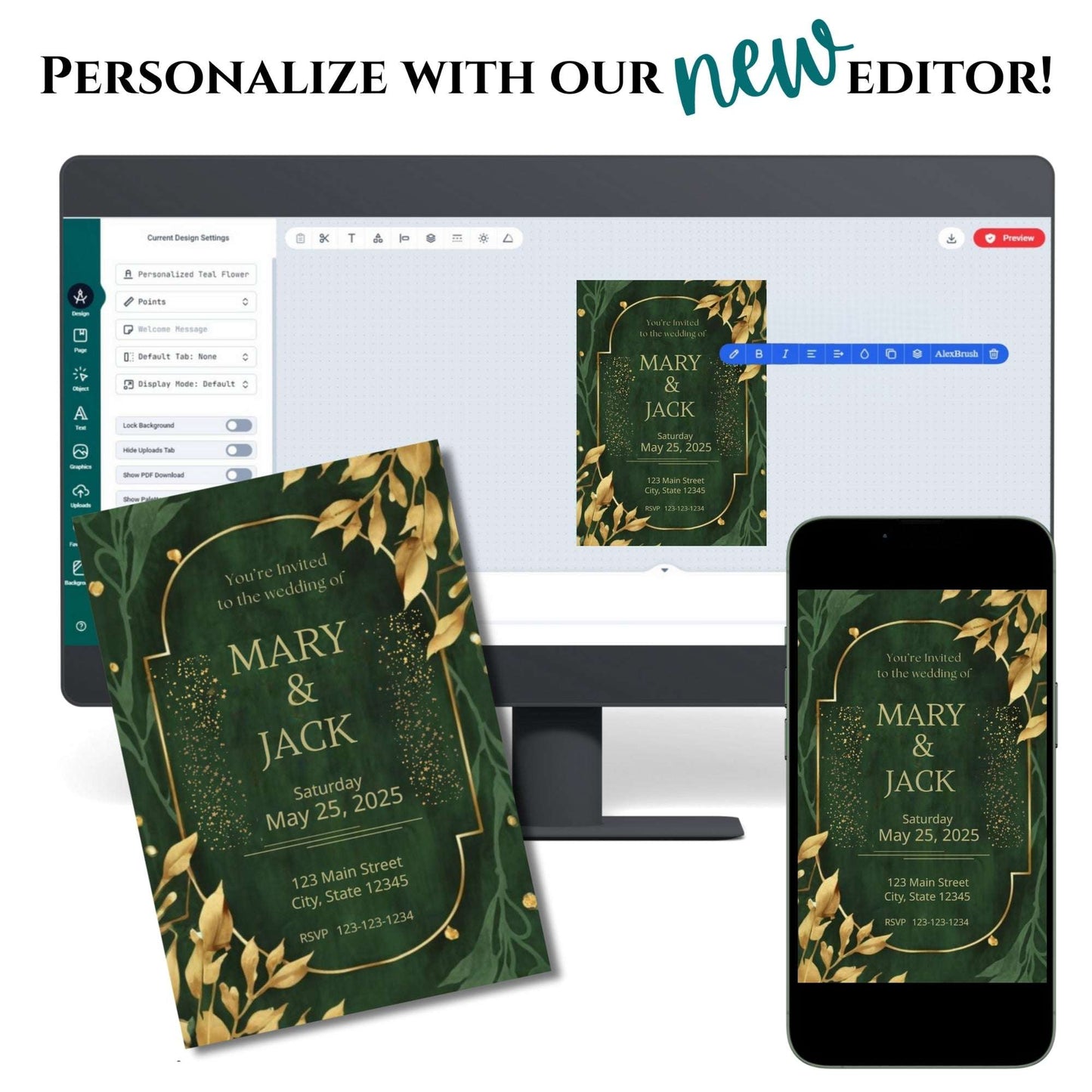 Green and gold wedding invitation on a computer screen, phone, and tablet with text 'Personalize with our new editor'.