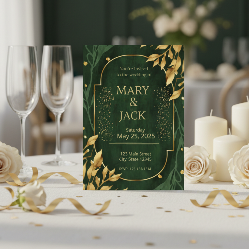 Wedding invitation card with floral design on a table with candles and glasses.