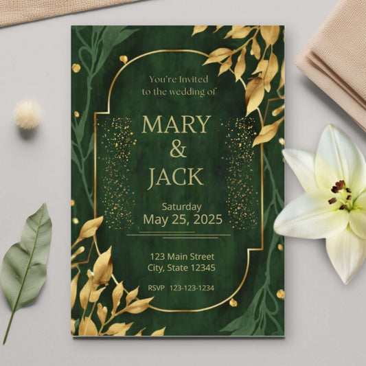 Wedding invitation card with gold leaves on a green background, featuring the names Mary & Jack and date.