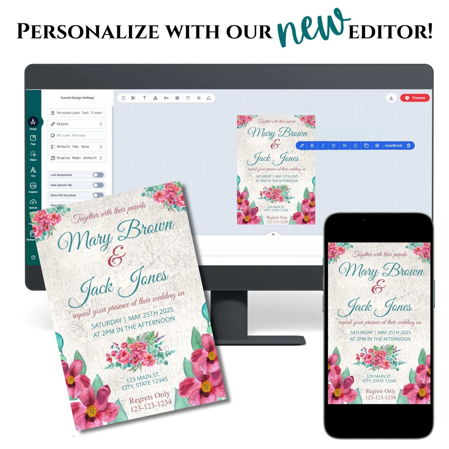 Floral wedding invitation on a computer screen, phone, and paper with text overlay.