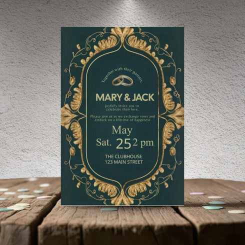 Wedding invitation card with gold design on a dark green background, placed on a wooden surface.