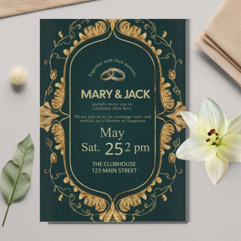 Wedding invitation card with gold decorative elements on a green background, placed on a light surface with flowers and leaves.