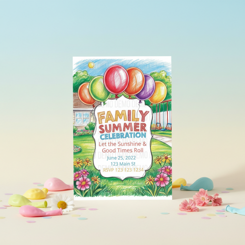 Colorful family summer celebration invitation with balloons and a garden scene.