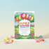 Colorful family summer celebration invitation with balloons and a garden scene.