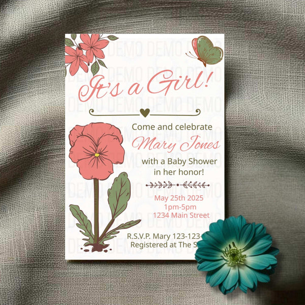 Baby shower invitation with floral design on a textured fabric background