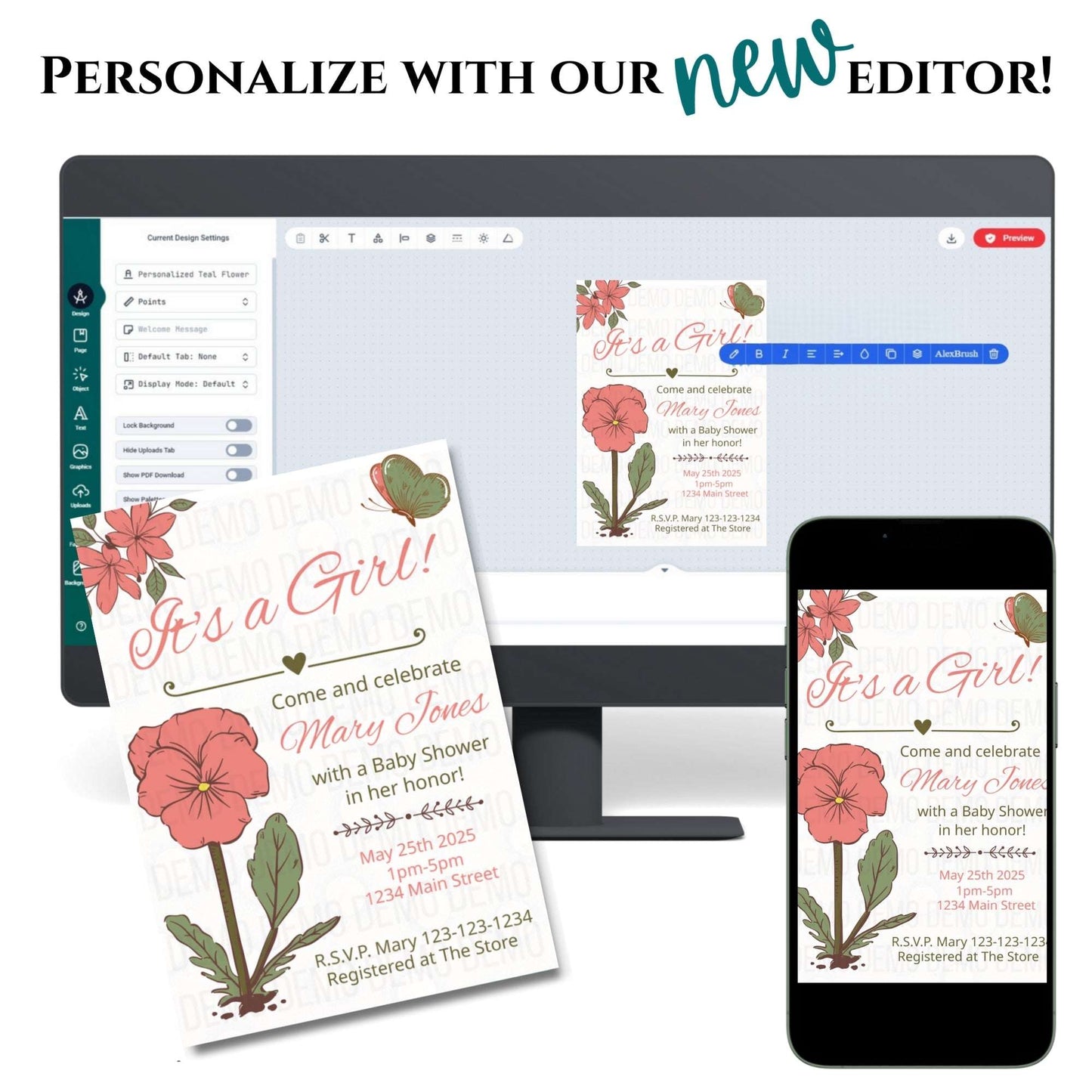 Baby shower invitation with floral design on computer, phone, and paper