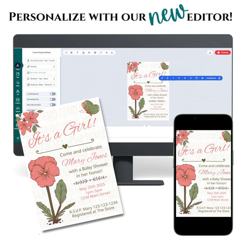 Baby shower invitation with floral design on computer, phone, and paper