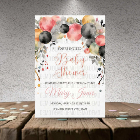 Floral Balloon Baby Shower Invitation – Editable Personalized Template