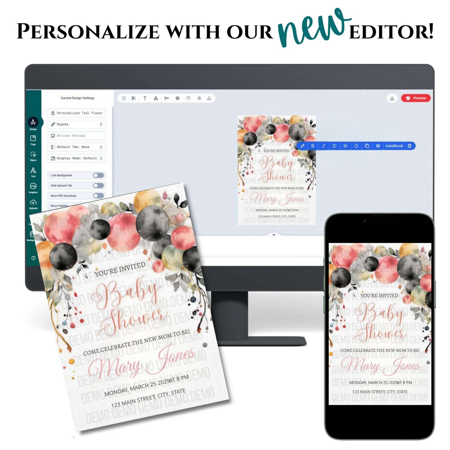 Floral Balloon Baby Shower Invitation – Editable Personalized Template