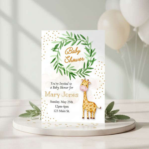 Baby shower invitation with a giraffe illustration on a white background