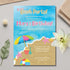 Beach party invitation with colorful design on a light gray surface.