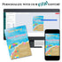 Beach party invitation design on a computer screen, phone, and paper with text 'Personalize with our new editor'.