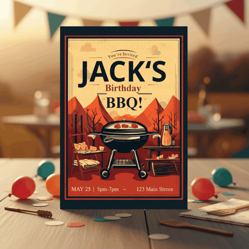 Birthday BBQ invitation with grill and scenic design on a table with balloons.