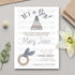 Baby shower invitation for a boy with cake, bow tie, and flower decorations on a light gray background.