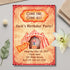 Birthday party invitation with a circus theme on a light gray surface with decorative elements.