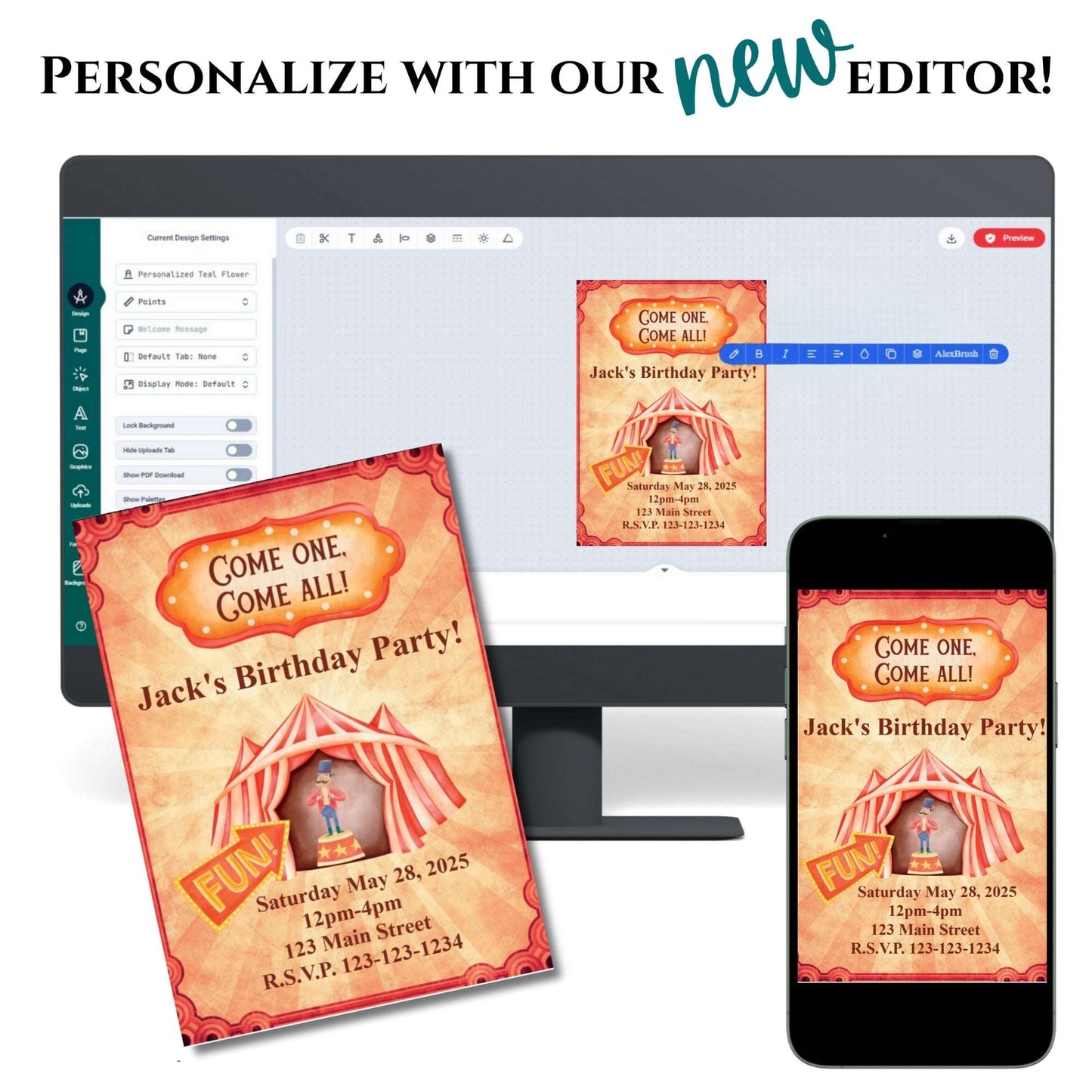 Birthday party invitation with a tent design on a computer screen and phone.