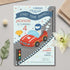 Children's birthday party invitation with a race car theme on a light gray surface.