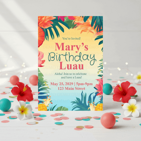 Birthday luau invitation with colorful flowers and balloons on a white background