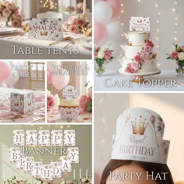 Collage of birthday party supplies including table tents, toppers, cake topper, banner, and party hat.