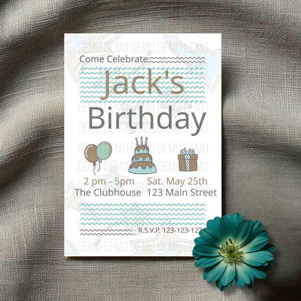 Minimalist Kids' Teal & Gold Birthday Invitation Template