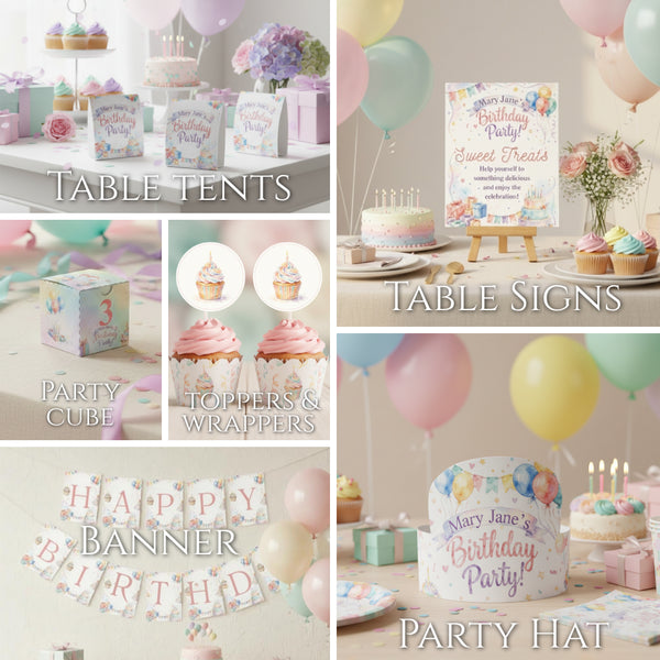 A collage showing pastel birthday party supplies and decorations, including table tents, table signs, party cubes, toppers and wrappers, a happy banner, and a party hat, all styled with balloons, cupcakes, and a birthday cake.
