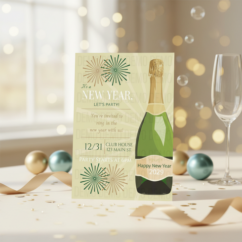 New Year's Eve party invitation with champagne bottle design on a festive background.