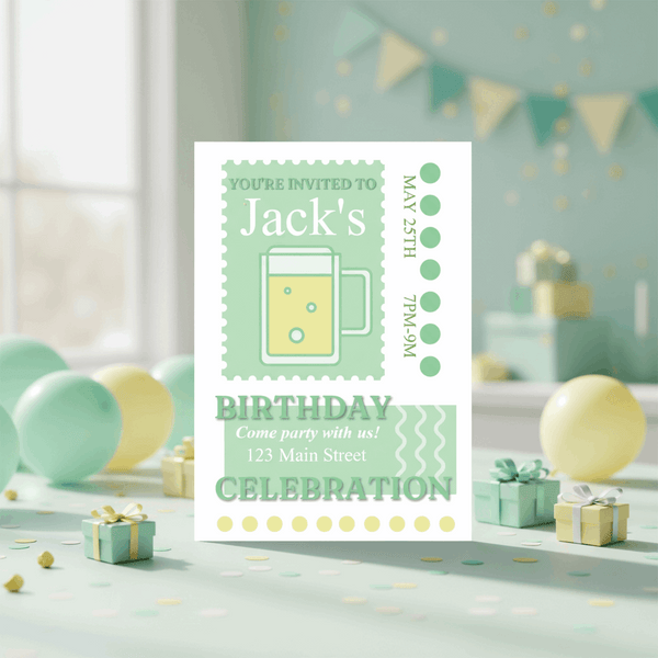 Birthday invitation card with a drink graphic on a festive background with balloons and decorations.