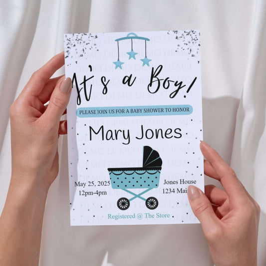 Personalized Boy Buggy Baby Shower Invitation – Editable Template