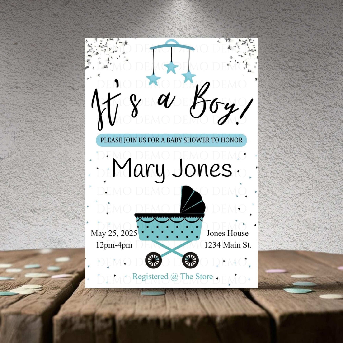 Personalized Boy Buggy Baby Shower Invite