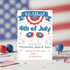 4th of July celebration invitation with balloons and fireworks design, American flag in the background.