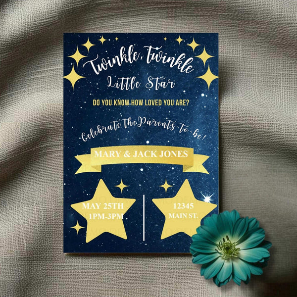 A personalized baby shower invitation with a twinkling star theme, including custom text for the event details.