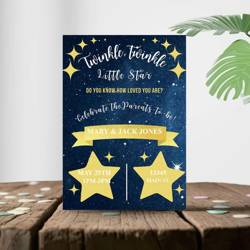 Personalized Twinkle Star Baby Shower Invitation – Navy Blue & Gold Editable Template