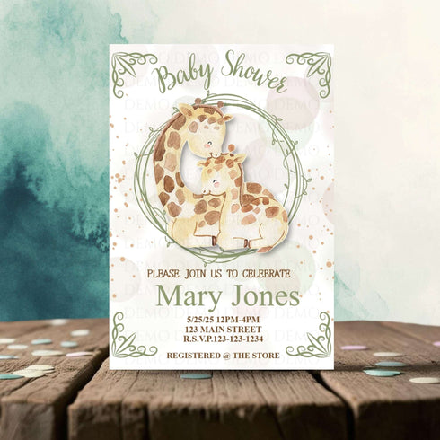 Personalized Watercolor Giraffe Baby Shower Invitation