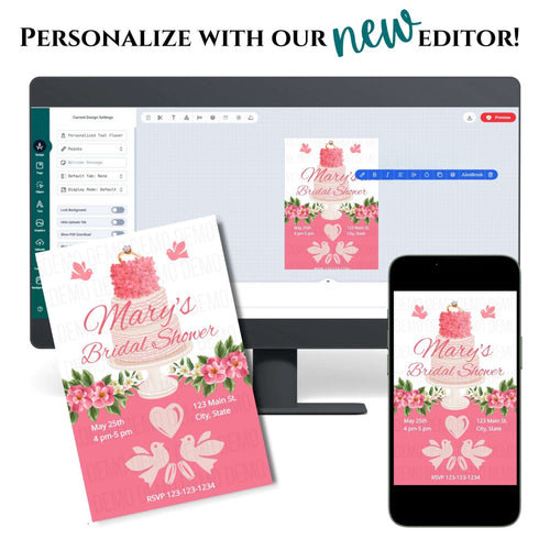 Digital editing software with a bridal shower invitation displayed on a computer screen, phone, and paper.
