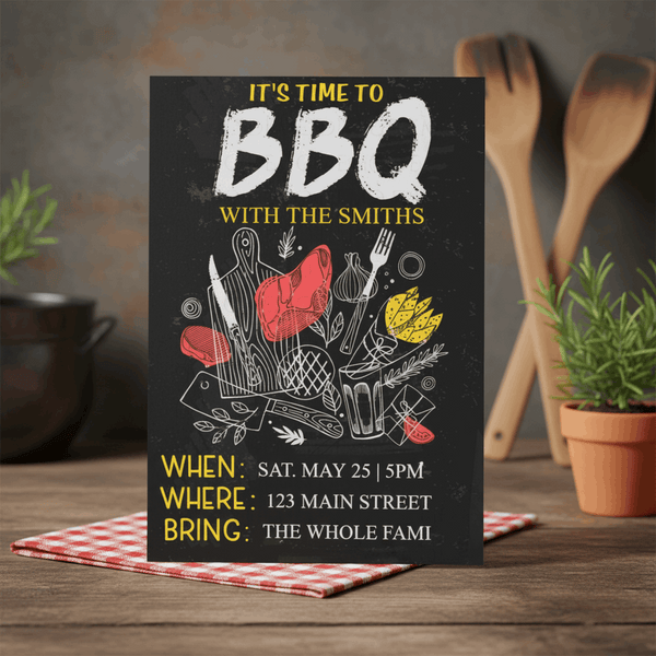 Barbecue invitation with utensils and ingredients on a wooden table with plants and pots in the background.