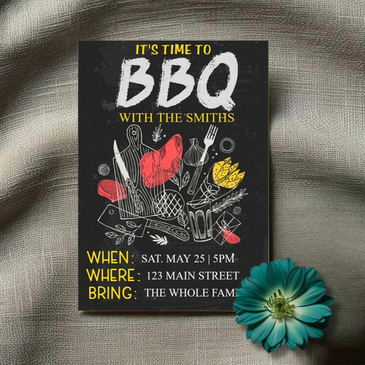 A chalkboard-style BBQ party invitation with colorful text and illustrations of grill tools, meat, and vegetables. The invitation is titled 'IT'S TIME TO BBQ' and includes details of the event.