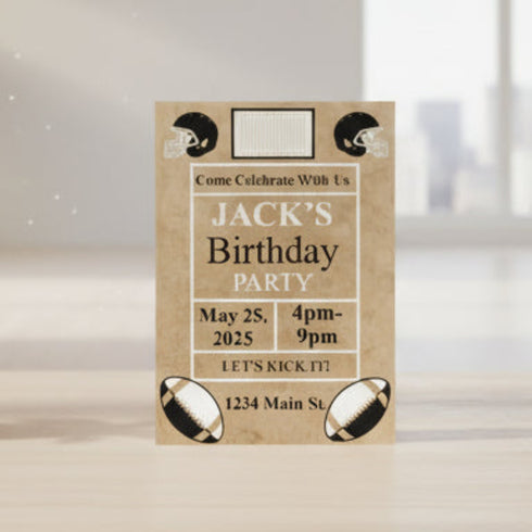 Birthday party invitation with football theme on a wooden surface