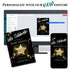 Birthday party invitation design software with invitations on a computer screen, phone, and paper.
