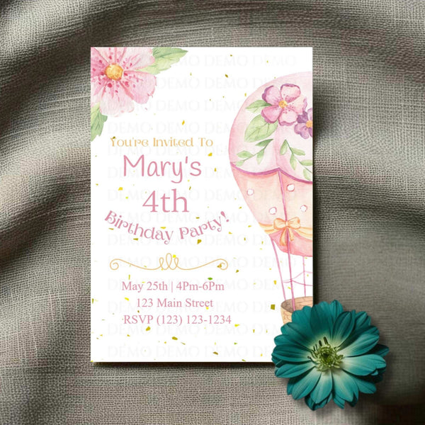 Birthday party invitation with pink balloons and flowers on a textured surface with a teal flower.