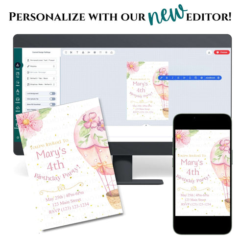 Digital editor for creating personalized birthday invitations on a computer screen, phone, and paper.