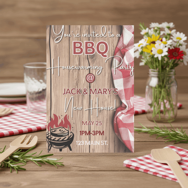 BBQ housewarming party invitation on a wooden table with tableware and flowers.