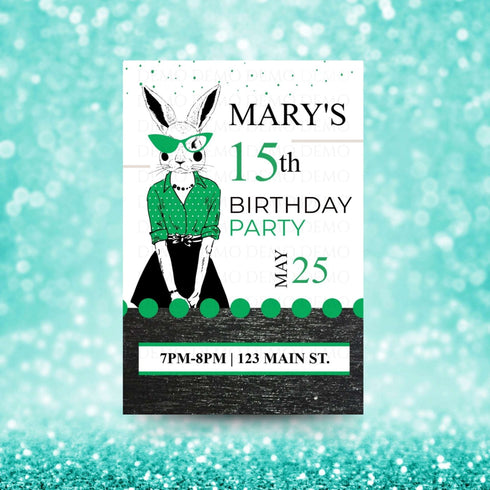 Personalized Milestone Green Bunny Invitation