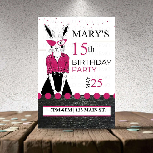 Personalized Milestone Pink Bunny Birthday Invitation