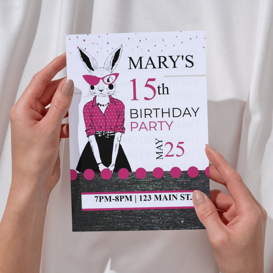 Personalized Milestone Pink Bunny Birthday Invitation