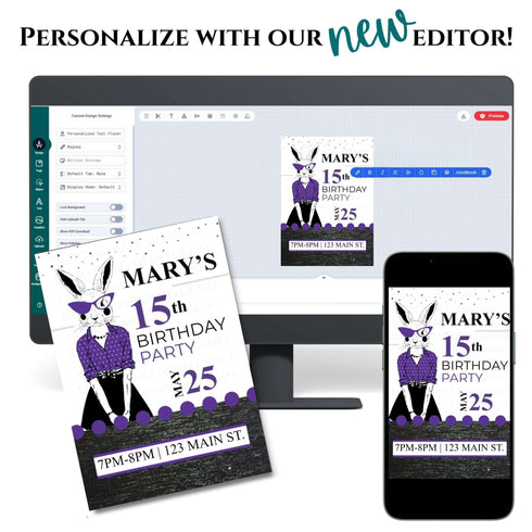 Personalized Milestone Purple Bunny Birthday Invitation