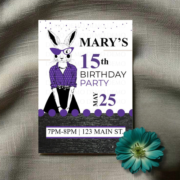 Personalized Milestone Purple Bunny Birthday Invitation