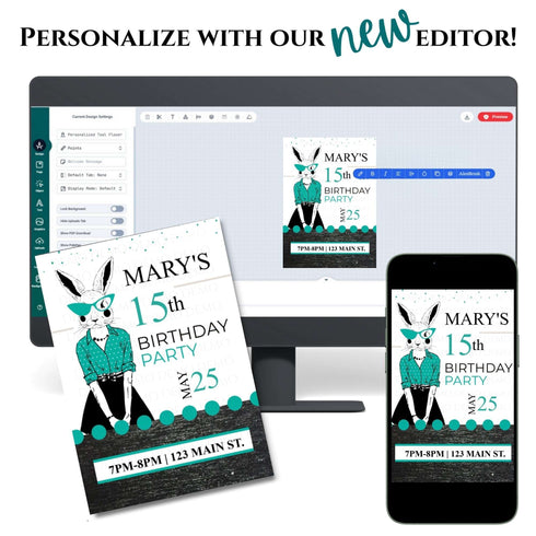 Personalized Milestone Teal Bunny Birthday Invitation