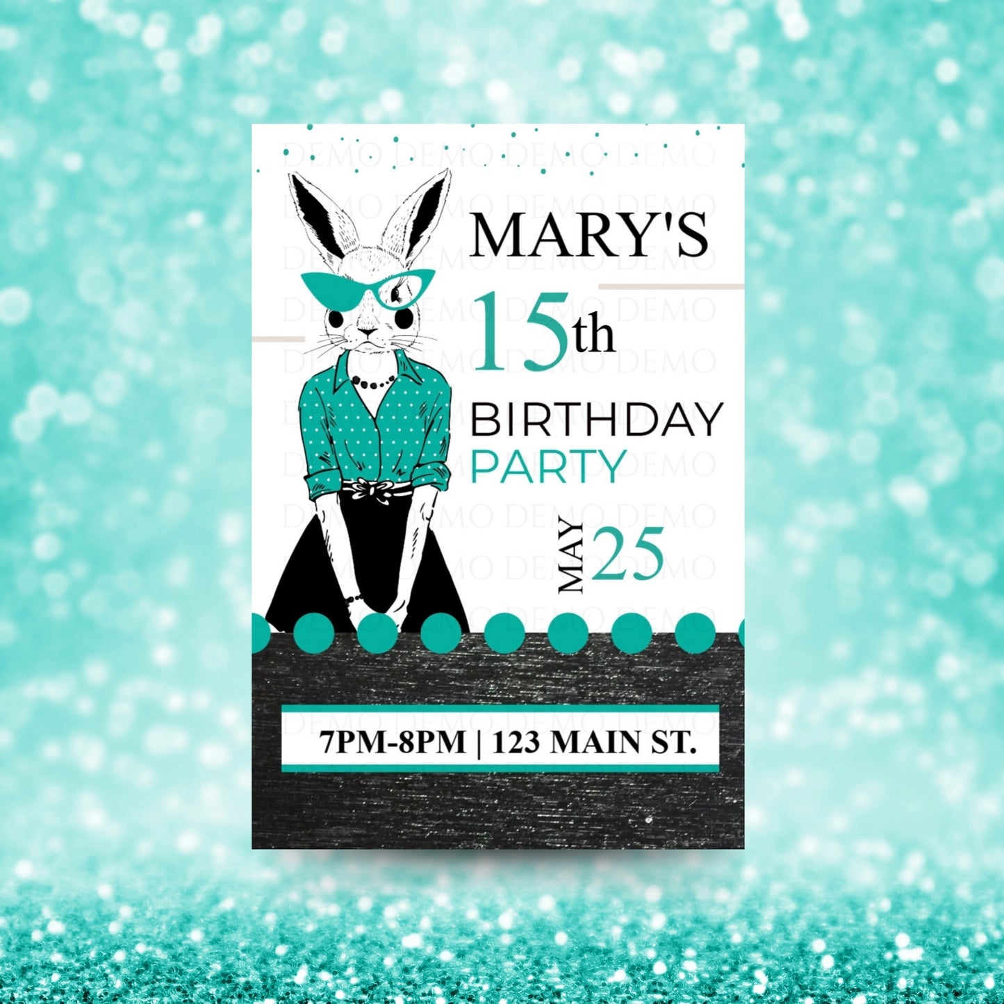 Personalized Milestone Teal Bunny Birthday Invitation