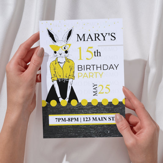 Personalized Milestone Yellow Bunny Birthday Invitation