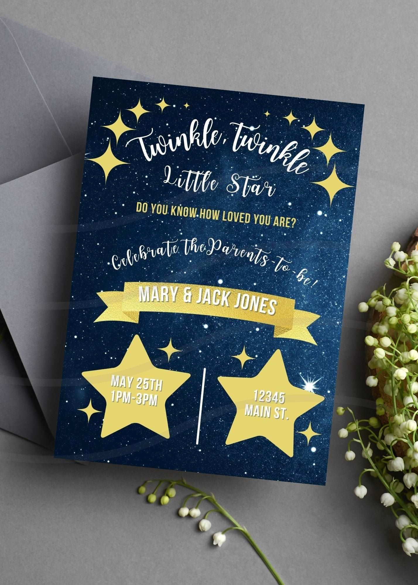 A personalized baby shower invitation with a twinkling star print in yellow on a dark blue background, featuring customizable text.